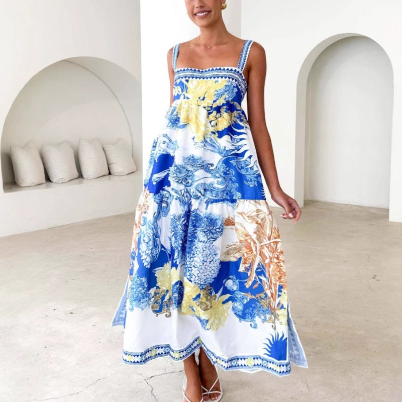 Women's dress - ready-to-ship summer collection: european & american style, cross-border, vacation-inspired maxi dress with placement print and spaghetti straps