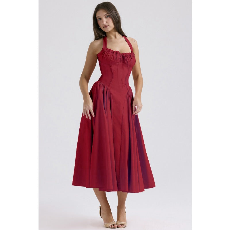 Women's summer slim-fit camisole maxi dress - european & american style fashion print halter neck lace trim dress
