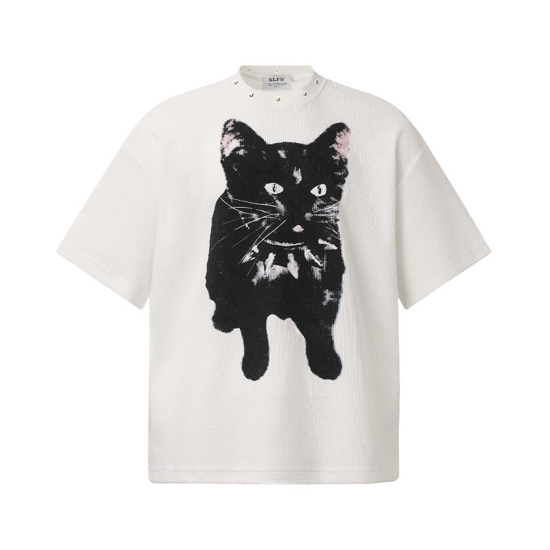 Men t shirts t american retrocouple street trendy waffle grids graffiti cat design high street men's loose small round neck t-shirt