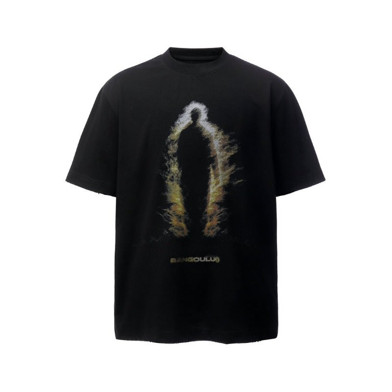 Men's t-shirts: american retro heavyweight double yarn character print crew neck design, men's high street loose fit short sleeve tee