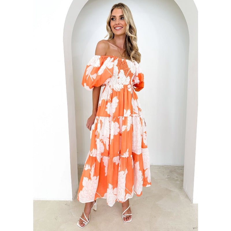 Women's dress - cross-border spring/summer amazon style elegant printed off-the-shoulder puff sleeve fashion european and american dress
