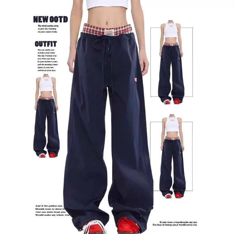 Women casual pant double waistband fake two pieces