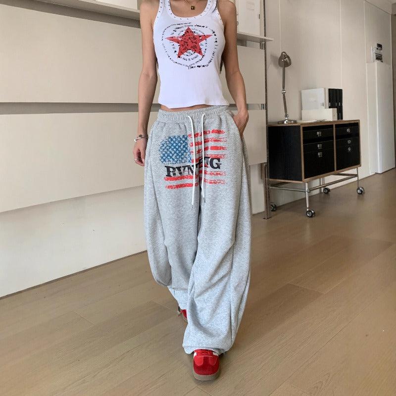 Women casual pants alphabet flag print women loose wide-leg pants