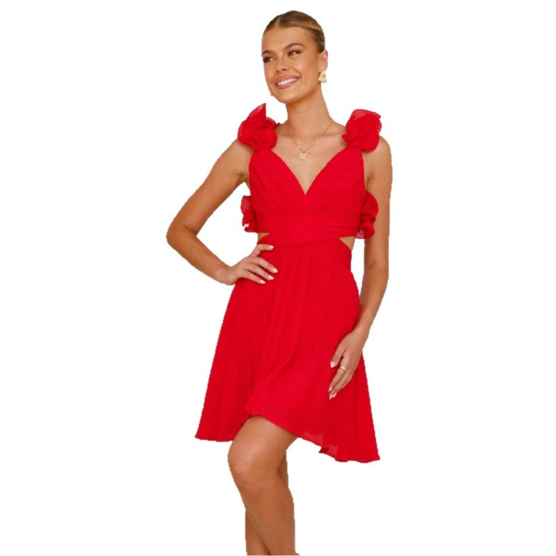 Women's dress - european & american style - wholesale women's clothing - cross-border e-commerce - amazon summer solid color v-neck high-waisted dress