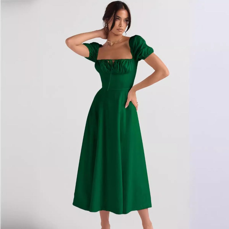 Women's high-waisted summer dress - european & american style - amazon fashion - slimming, elegant, bubble sleeve, tie-waist short sleeve dress