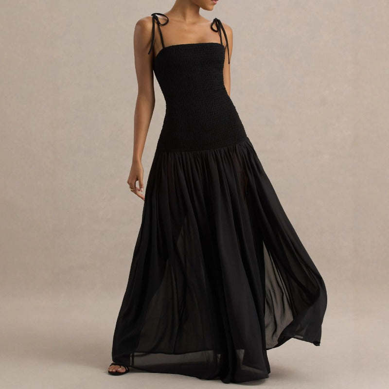 Women's dress: european and american cross-border spring solid color sleeveless spaghetti strap pleated bodycon tulle maxi dress
