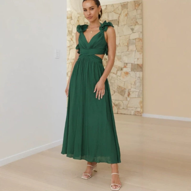 Women's dress: summer bestseller - cross-border chiffon floral pleated maxi dress with open back and criss-cross tie detail