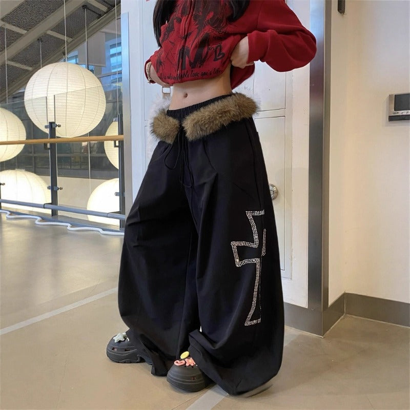 Women casual pant detachable fur collar hot rhinestones