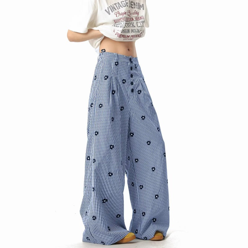 Women casual pant summerloose blue grids pattern embroider