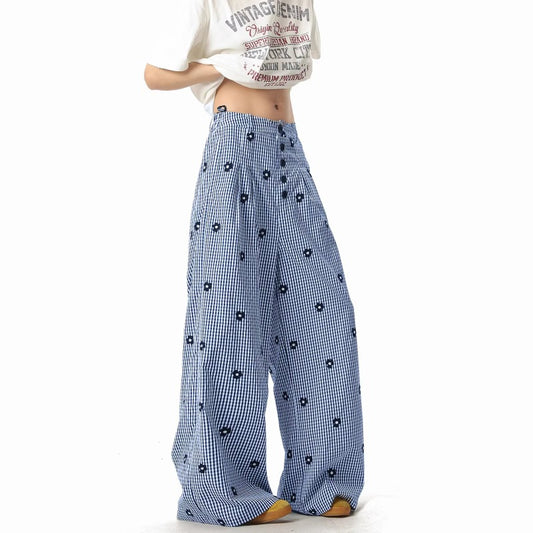 Women casual pant summerloose blue grids pattern embroider
