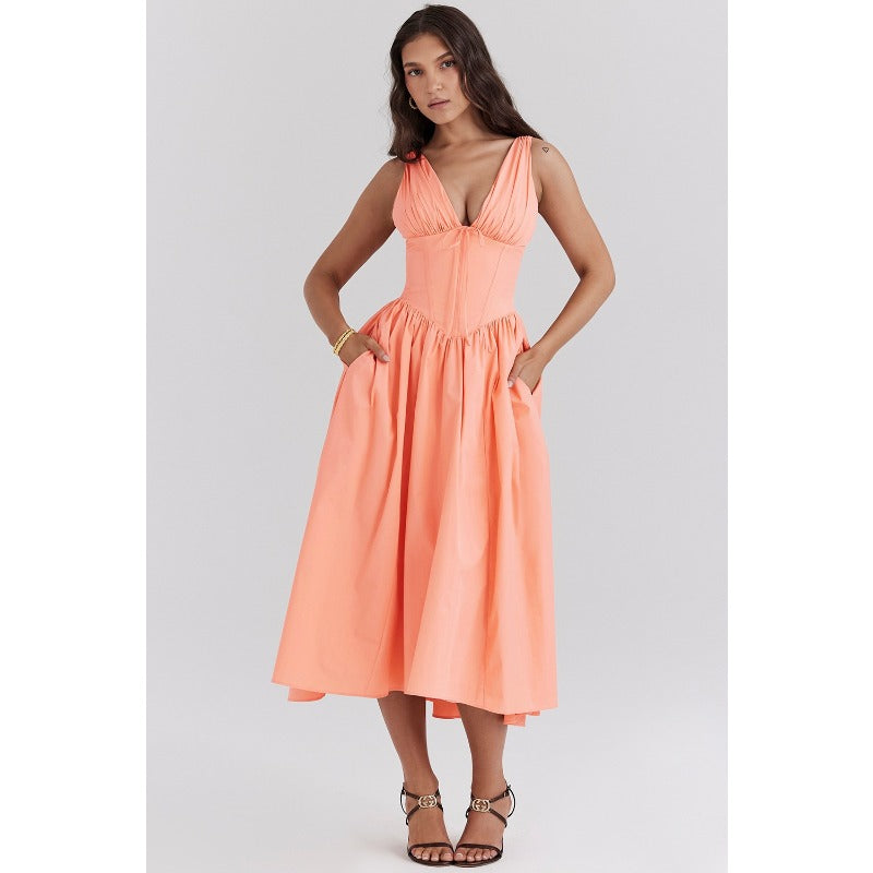 Women's dress - standalone store summer slim-fit camisole maxi dress - european & american style fashion print v-neck elegant dress