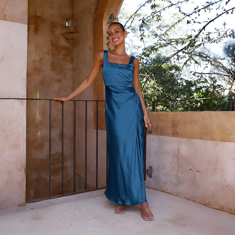 Women's dress - cross-border spring/summer fashion: european & american sexy spaghetti strap satin & satinette maxi dress