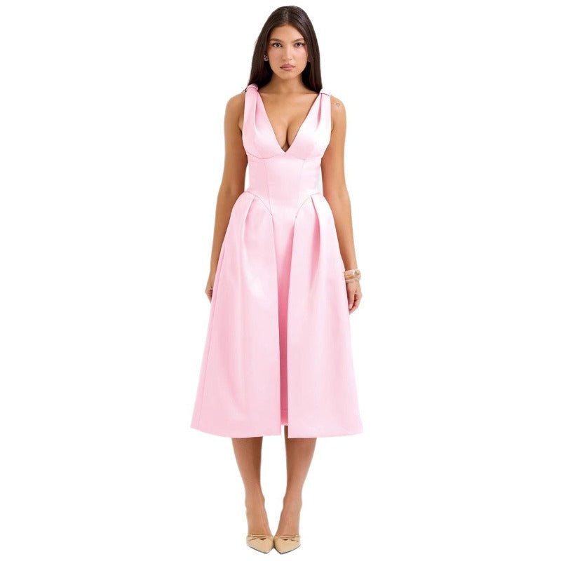 Women's summer dress - slim fit camisole maxi dress - european & american style fashion - solid color v-neck elegant dress