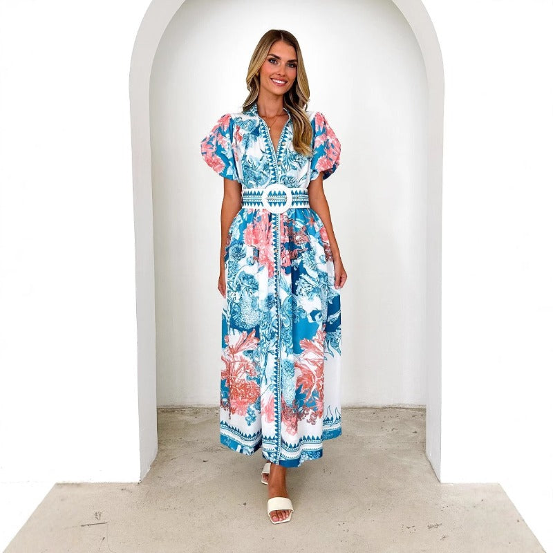 Women's dress - cross-border ready stock - amazon summer fashion casual tie-waist printed maxi dress