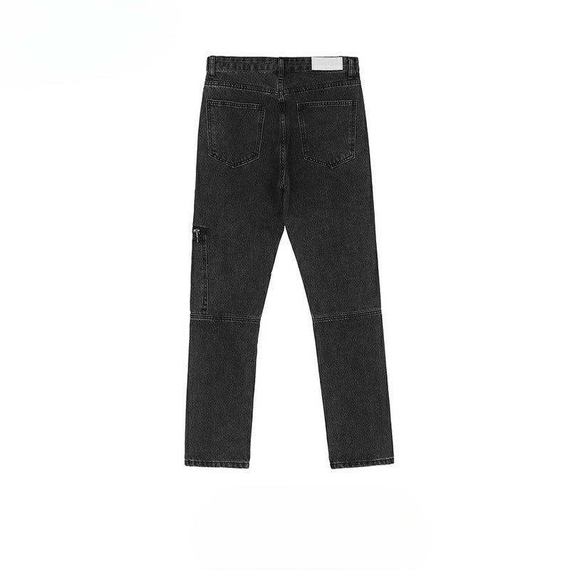 MIJKO Men Vintage Pants MIJKO Zip Washed Old Trousers High Street Straight Jeans