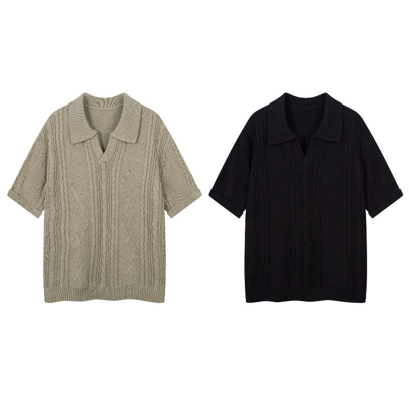 Men's t-shirts: american retro, high-end streetwear, relaxed fit, cutout design, knitted, oversized, men's turn-down collar short sleeve tee