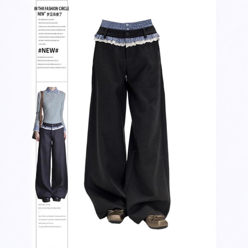 Women casual pants plaid lace women summer double waist loose