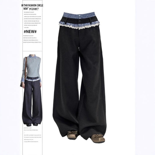 Women casual pants plaid lace women summer double waist loose