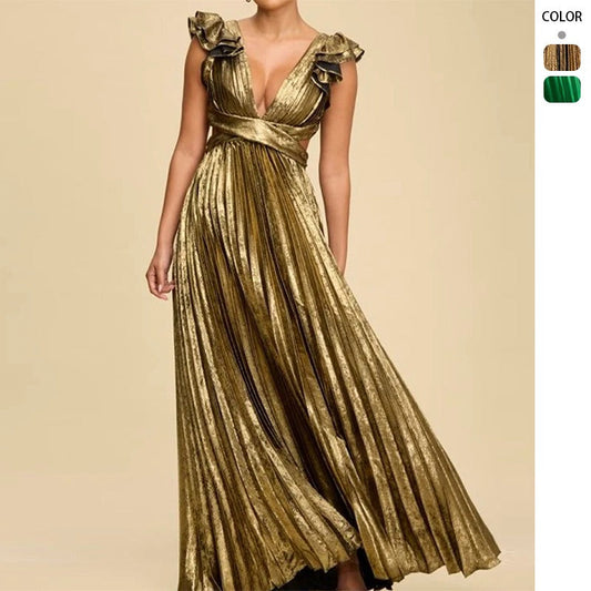 Women dress exportbackless strap pleated skirthigh waist side zipper large skirt party long skirt dresslong dress