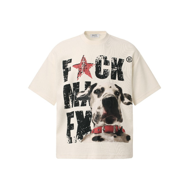Men t shirts t american retrocouple street trendy waffle grids fabric dog design high street men's loose small round neck t-shirt