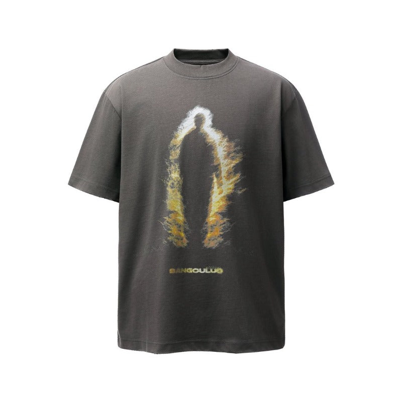 Men's t-shirts: american retro heavyweight double yarn character print crew neck design, men's high street loose fit short sleeve tee