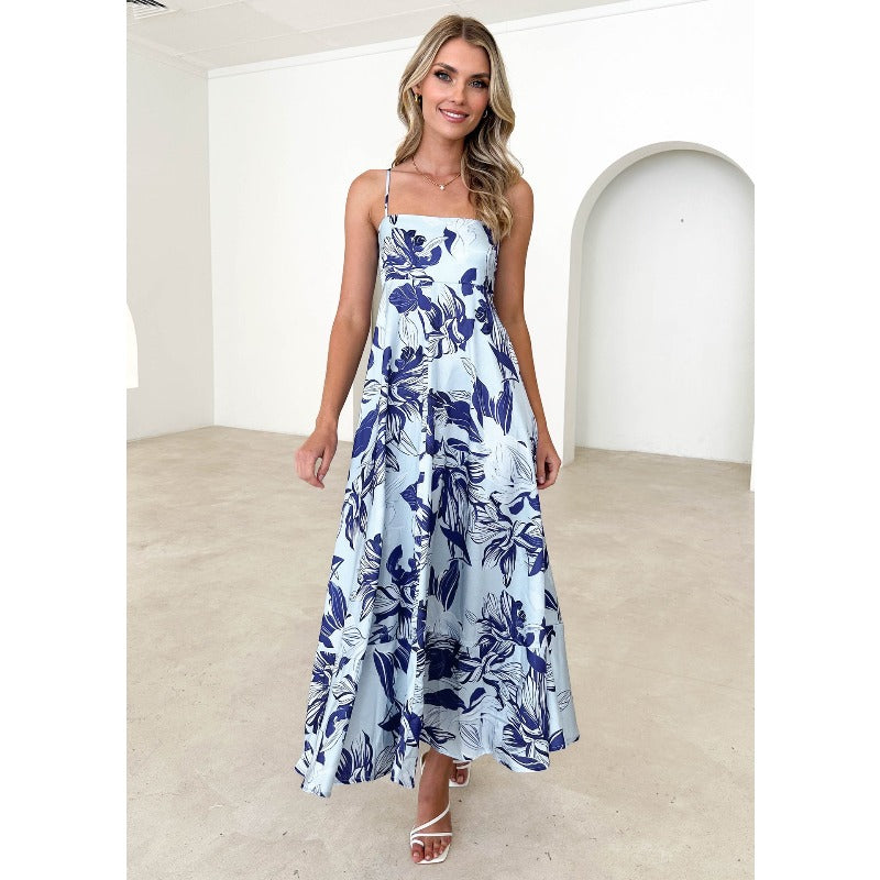 Women's dress - independent website, cross-border e-commerce, summer maxi dress, casual square neck, sleeveless, bohemian spaghetti strap, floral long dress for women