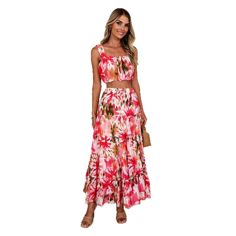 Women's dress: foreign trade vintage sleeveless cropped bandeau cami top with printed high-waisted midi skirt two-piece set