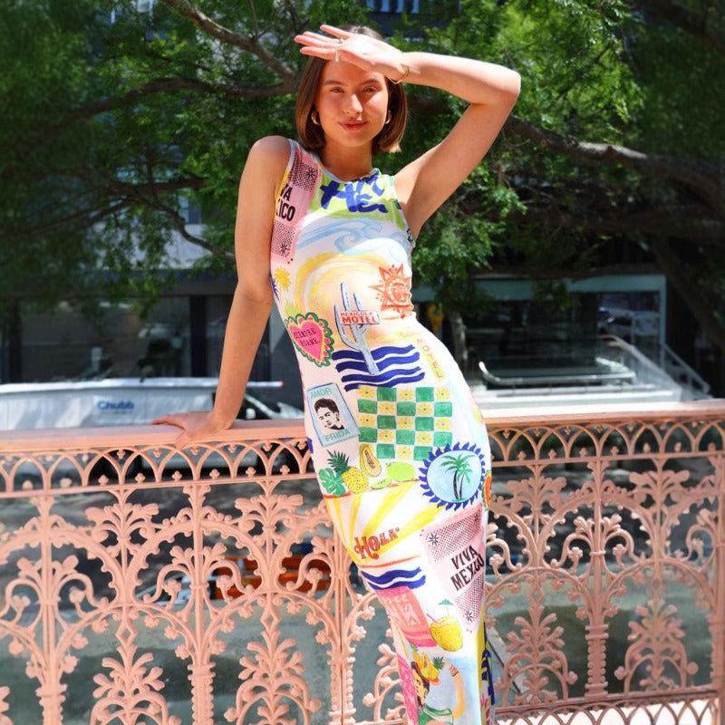 Women's dress - cross-border fashion: european & american style, streetwear, unique & colorful floral print, sleeveless, sexy & slim-fit dress