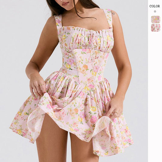 Women's dress - cross-border fashion: sexy summer floral sundress, slim-fit ballet-style puff skirt with spaghetti straps
