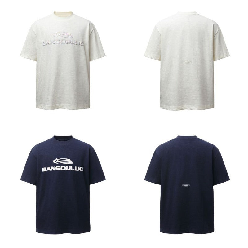 Men's t-shirts: american retro heavyweight double yarn padded print crew neck design, men's high street oversized short sleeve tee