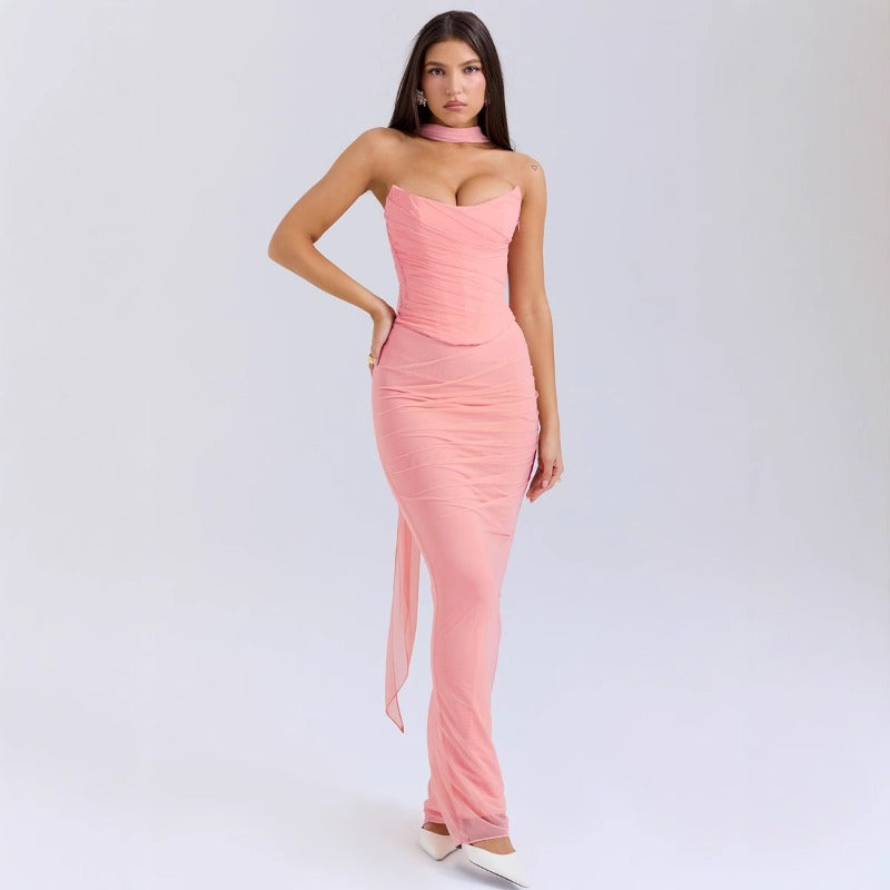 Women's dress: cross-border european and american style blue bandeau crop top + high-waisted bodycon pencil skirt slim-fit two-piece set