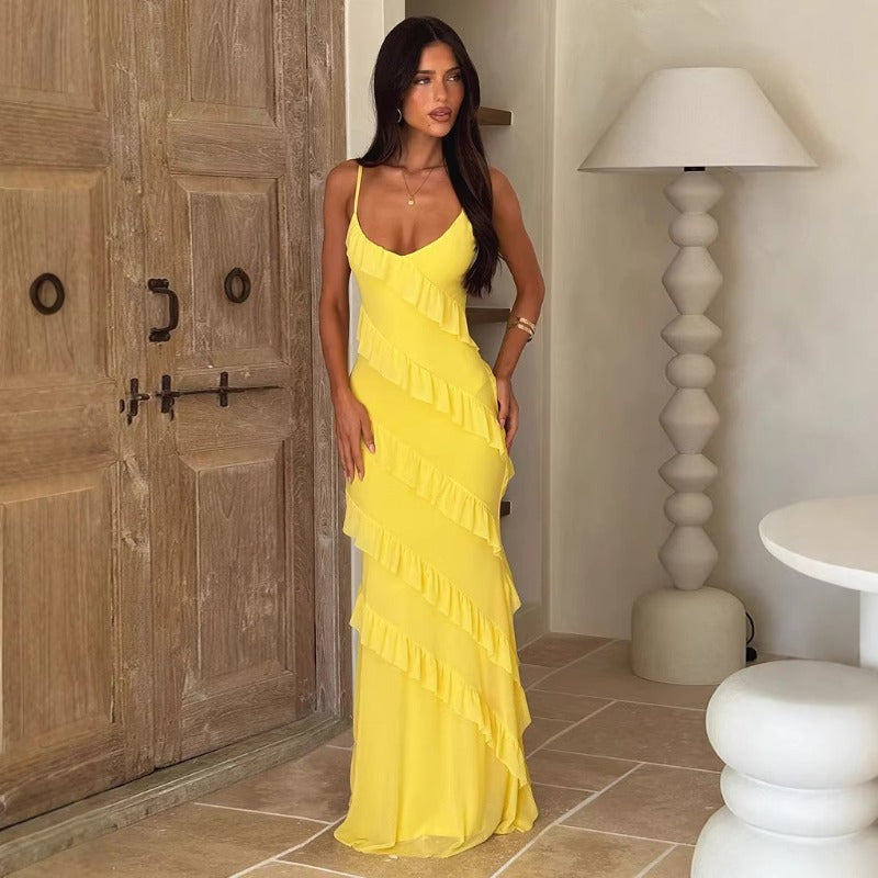 Women's dress: european and american spring/summer sexy backless cami v-neck off-the-shoulder ruffle slim-fit side slit maxi dress