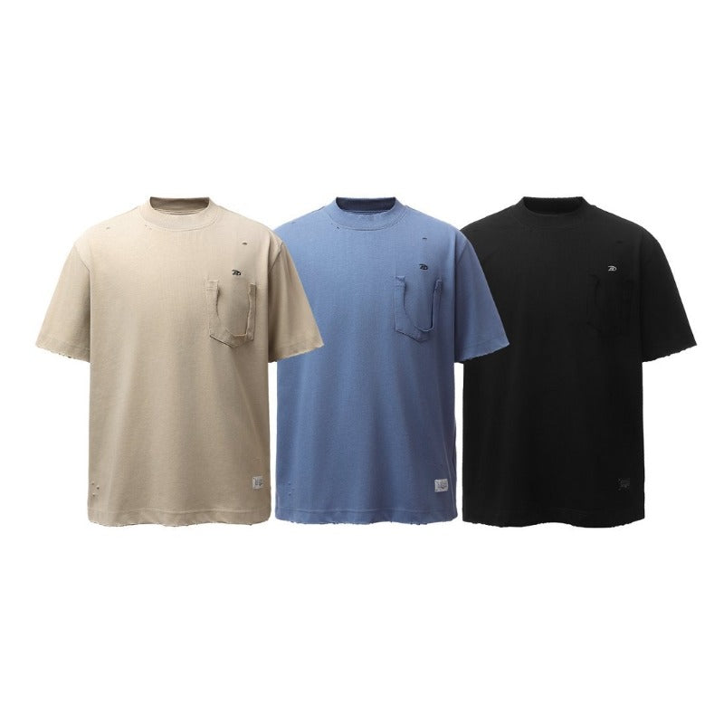 Men's t-shirts: american retro heavyweight double yarn simple embroidery design, men's crew neck high street loose fit short sleeve t-shirt