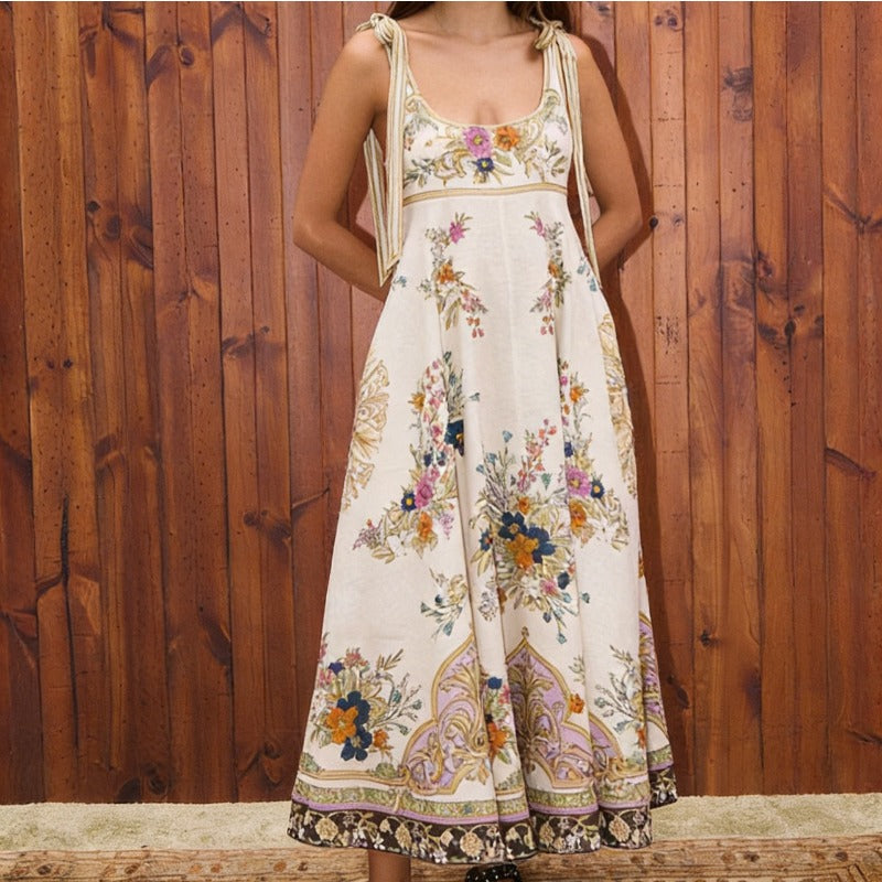 Women's vintage floral print tie-up cami maxi dress - summer bohemian style