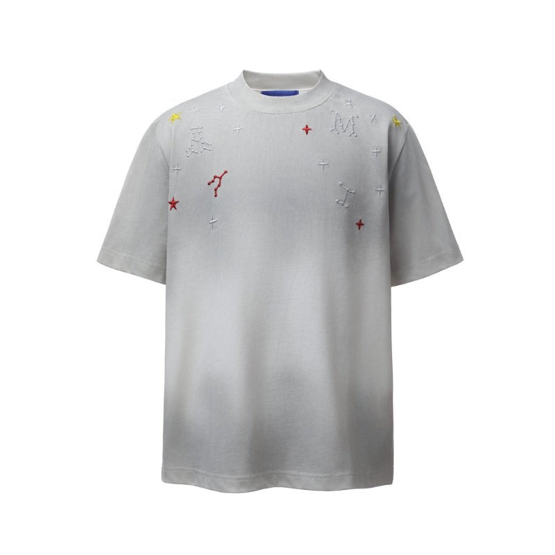Men t shirts american retroheavy weight double yarn high quality high street washed distressed embroidermen's loose short-sleeved t-shirt