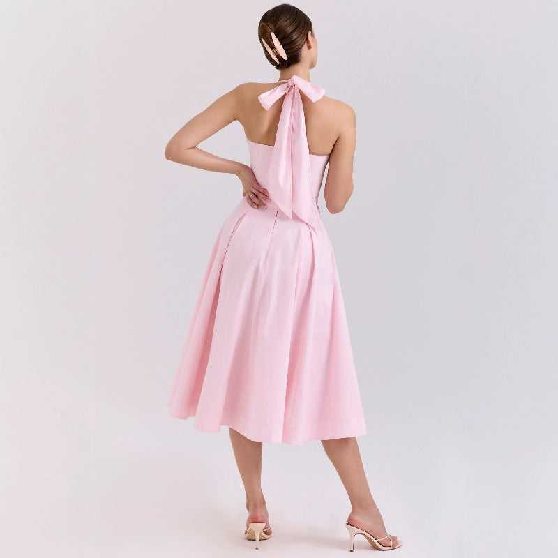 Women's dress: summer amazon hot seller - slim waist, halter neck, structured, backless, drawstring tie, bandeau, spaghetti strap dress