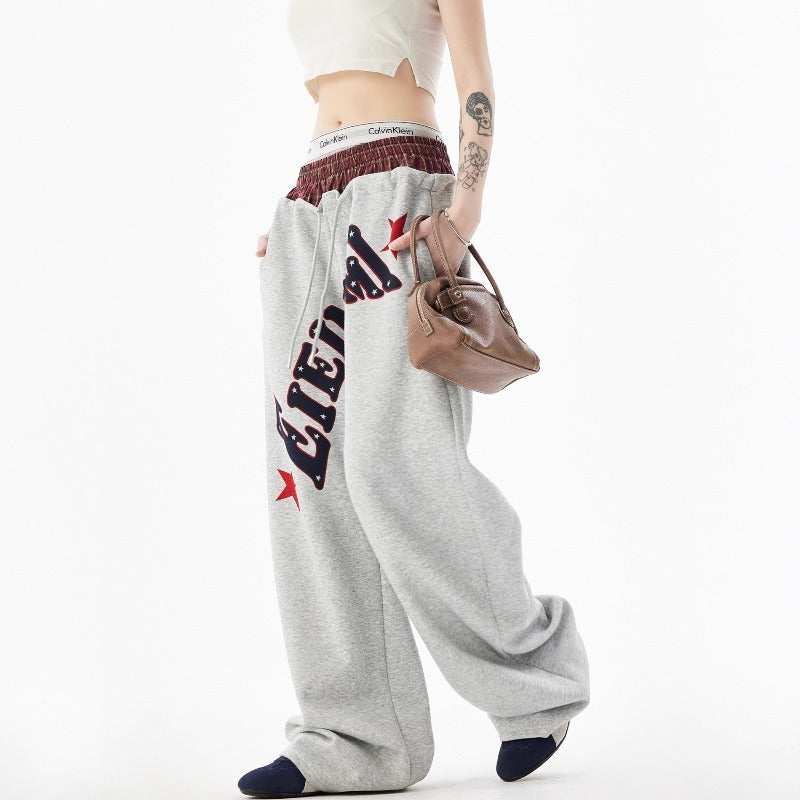 Women's casual pants - vintage style, double waistband, letter print, relaxed fit