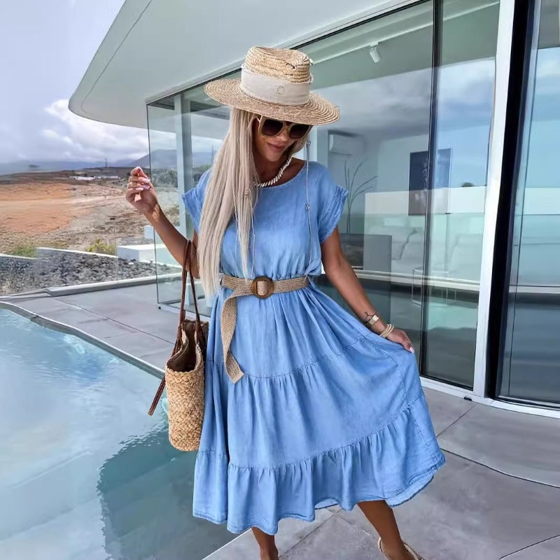 Women's dress - european & american cross-border fashion: spring/summer slim-fit, minimalist round neck, solid color dress (belt not included)