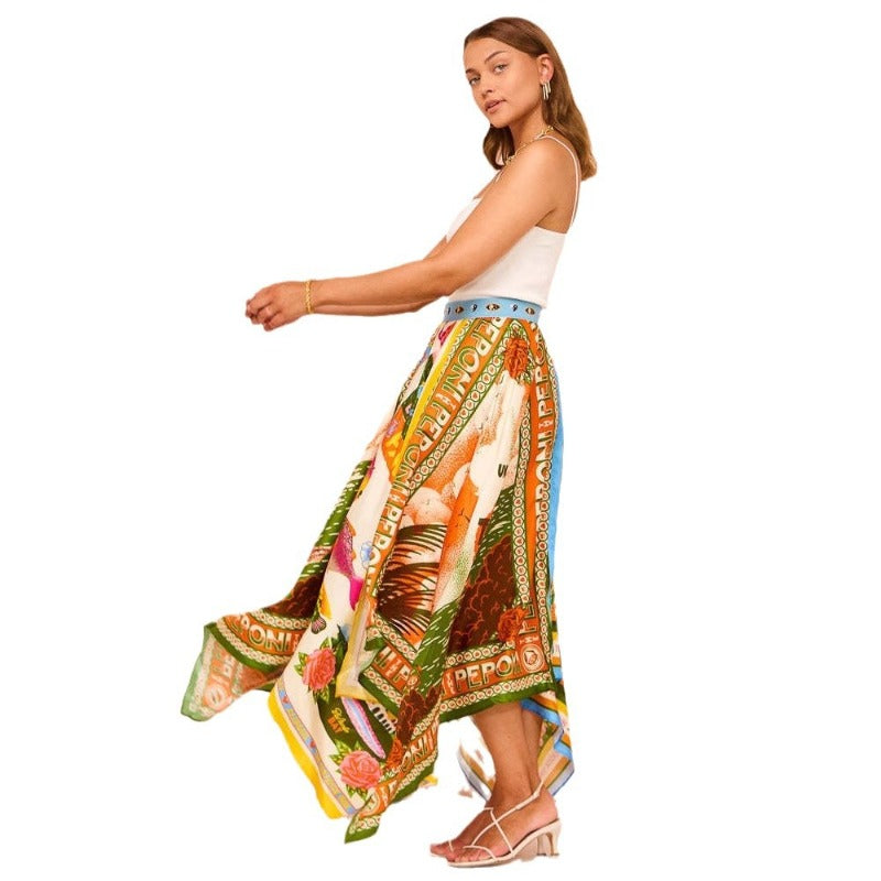 Women's dress - spring/summer long printed a-line midi skirt with asymmetrical hem and cinched waist - stylish and elegant