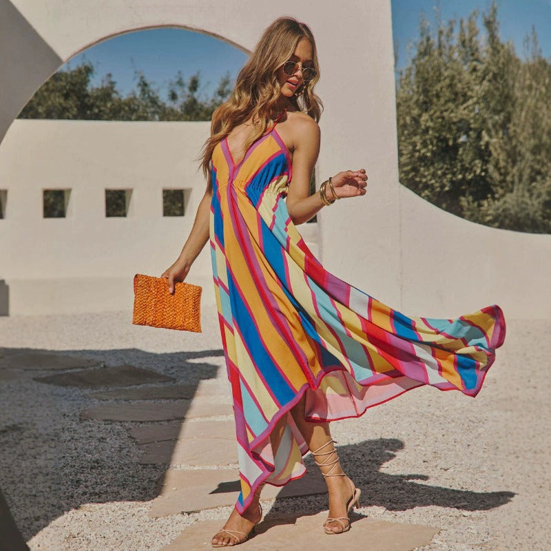 Women's spring/summer off-the-shoulder v-neck camisole dress - floral print, flowy maxi dress, elegant formal wear