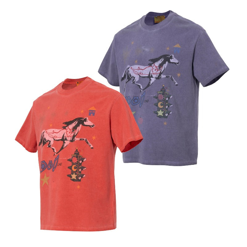 Men t shirts wt american street neutralclassy sense summer washed old horse year limited design men's loose short-sleeved t-shirt