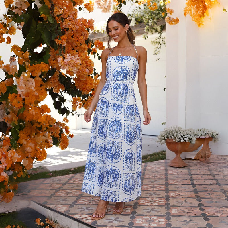 Women's dress - cross-border amazon fashion - european & american style - summer casual floral halter neck beach hawaiian vacation dress - lined