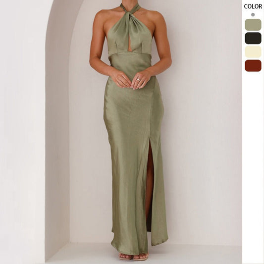 Women's dress - cross-border fashion: spring/summer european & american style - sexy, cinched waist, halter neck, slit, long satin sleeveless dress for women