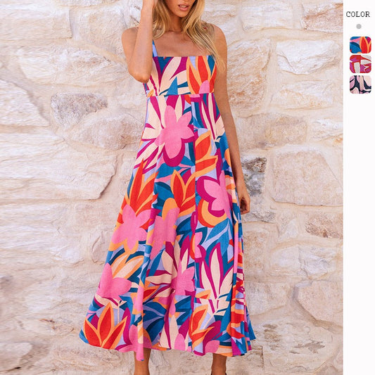 Women's dress - independent website, cross-border e-commerce, european & american style, sexy summer vacation print, fitted flare sleeve cami dress for women