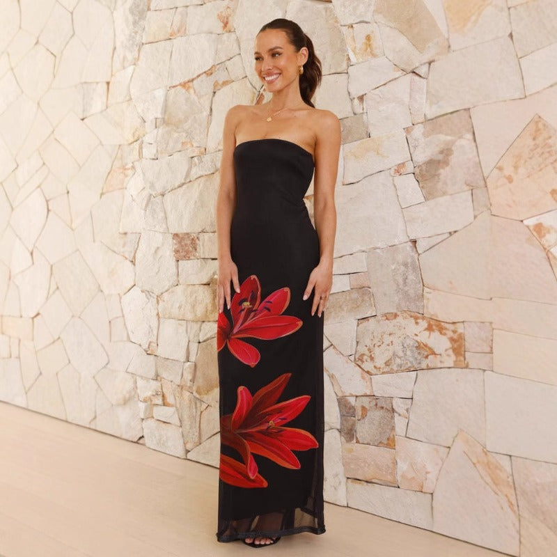 Women's dress - spring/summer european & american style fashionable high-end bandeau backless sexy slim-fit placement print dress