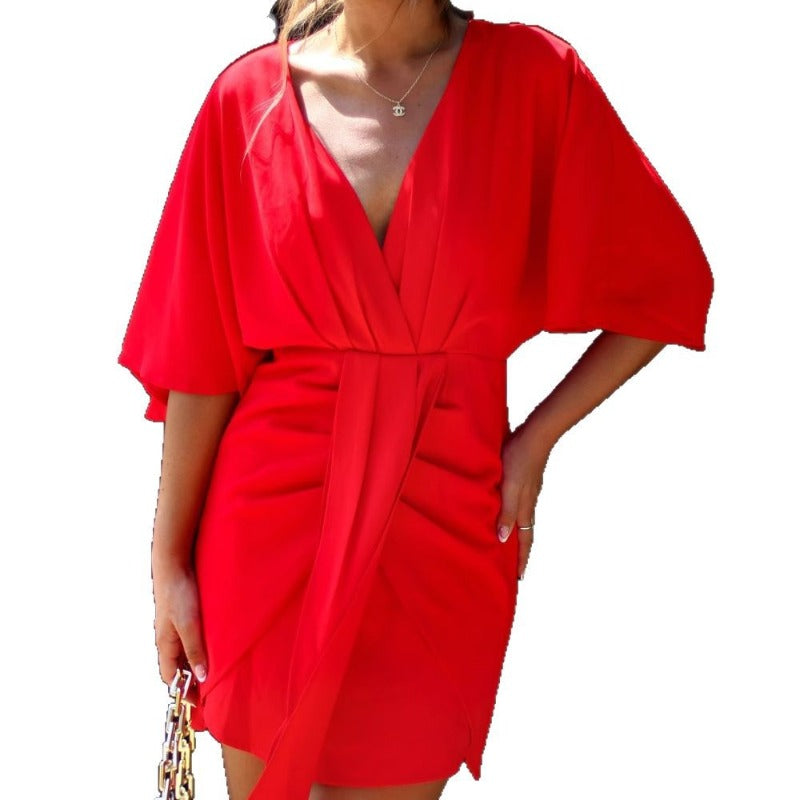 Women's dress - european & american cross-border amazon style - summer solid color elegant asymmetrical slim-fit dress