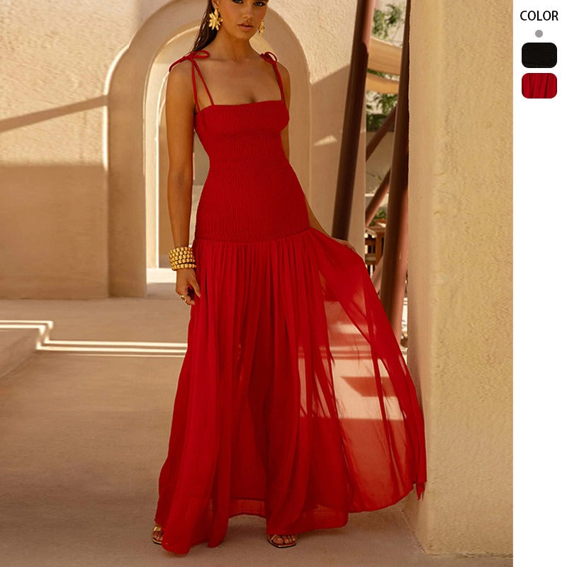 Women's dress: european and american cross-border spring solid color sleeveless spaghetti strap pleated bodycon tulle maxi dress