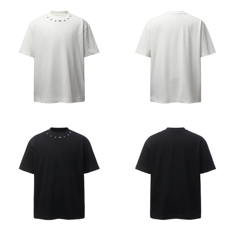 Men's t-shirts: american retro heavyweight double yarn metallic detail design, men's crew neck high street oversized short sleeve tee