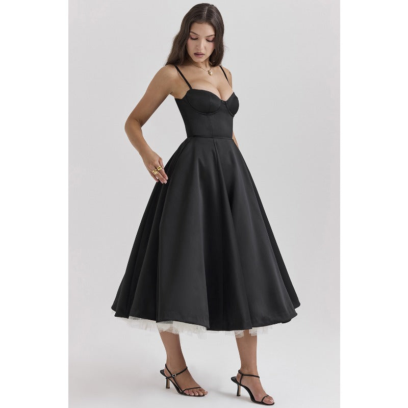 Women's summer dress: european and american high-end princess gown, french style mesh a-line double layer spaghetti strap dress