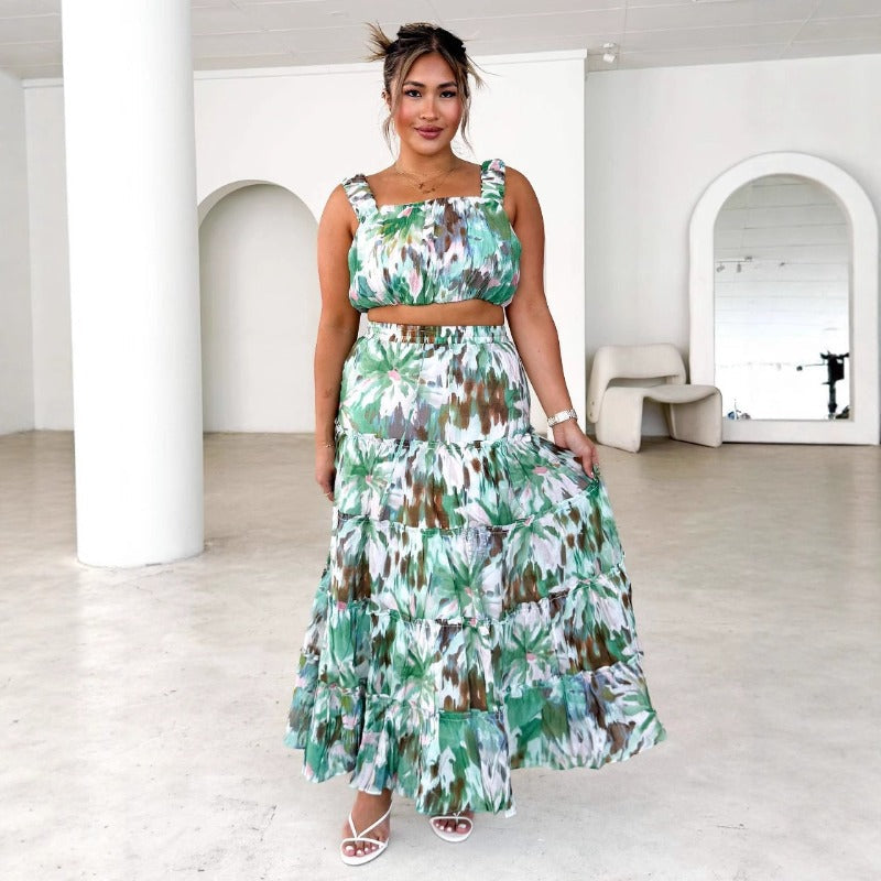 Women's dress: foreign trade vintage sleeveless cropped bandeau cami top with printed high-waisted midi skirt two-piece set